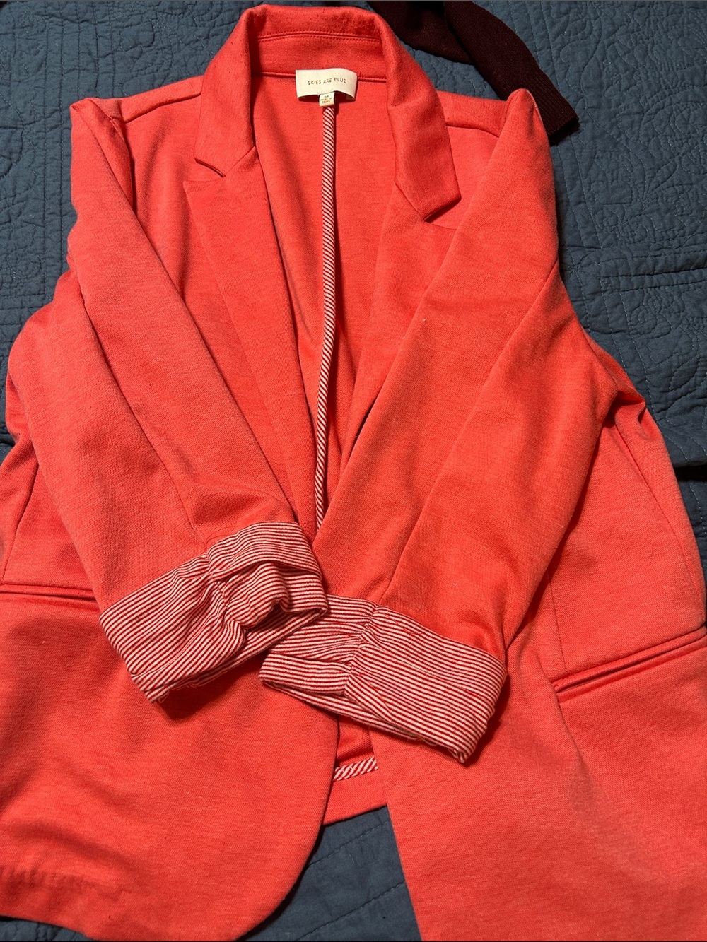 Skies Are Blue Coral Open-Front Knit Blazer with Striped Cuffs